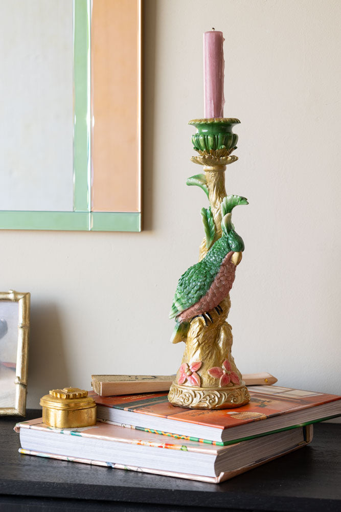 Ornate Gold & Green Parrot Candlestick Holder