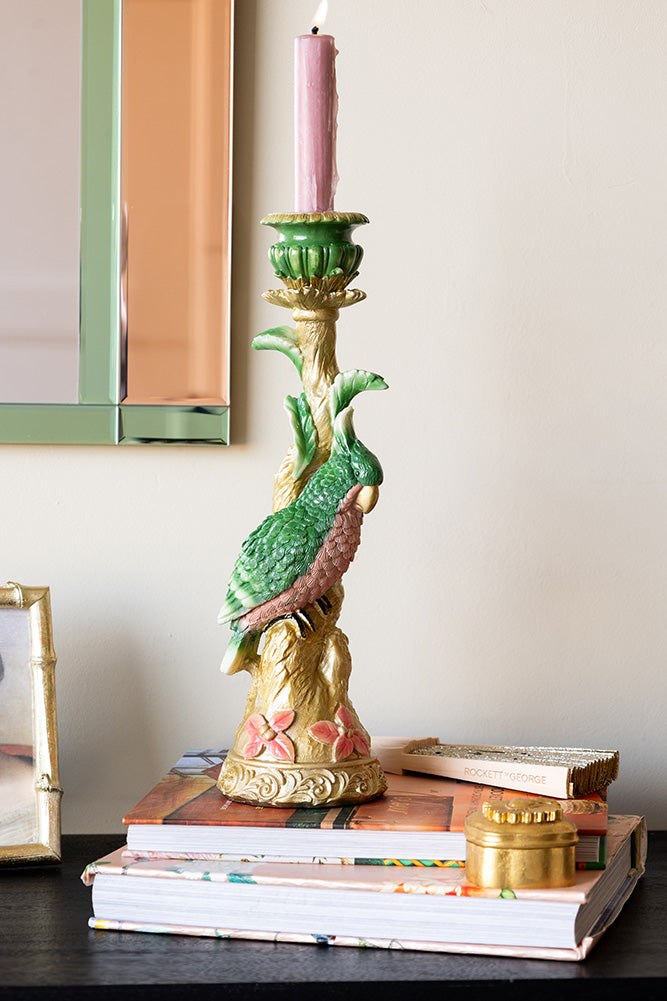 Ornate Gold & Green Parrot Candlestick Holder
