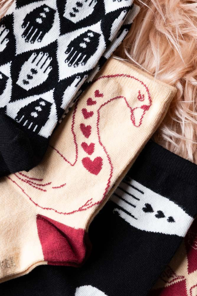 Pack Of 4 Monochrome Hand Print & Red Swan Socks