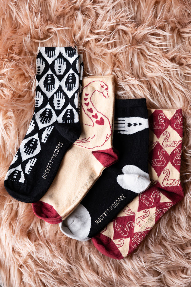 Pack Of 4 Monochrome Hand Print & Red Swan Socks