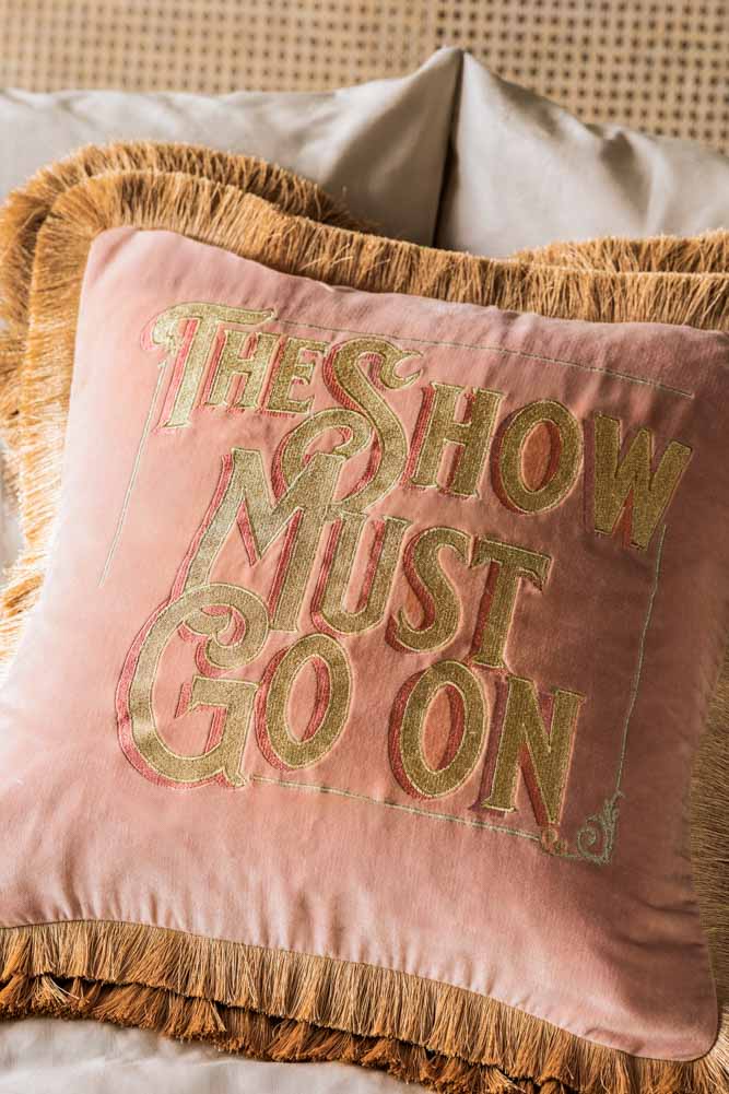Pink Velvet Double-Fringed Show Must Go On Embroidered Cushion