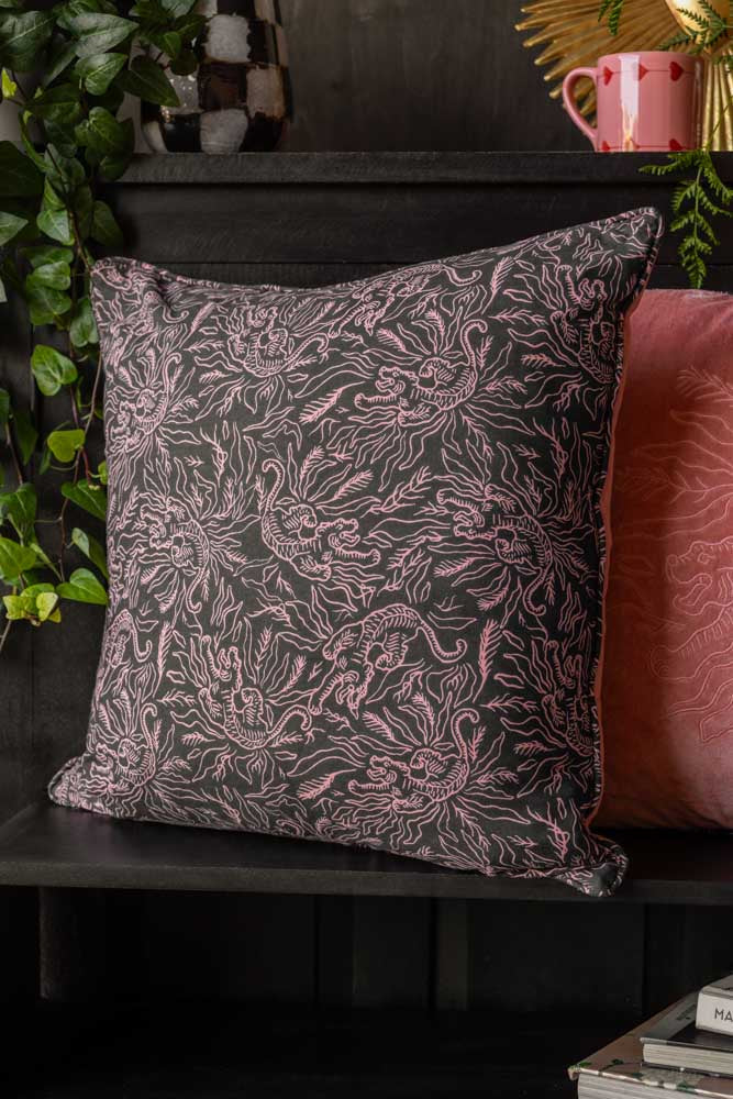 Pink Velvet Embroidered Tiger Cushion