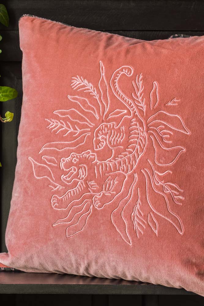 Pink Velvet Embroidered Tiger Cushion