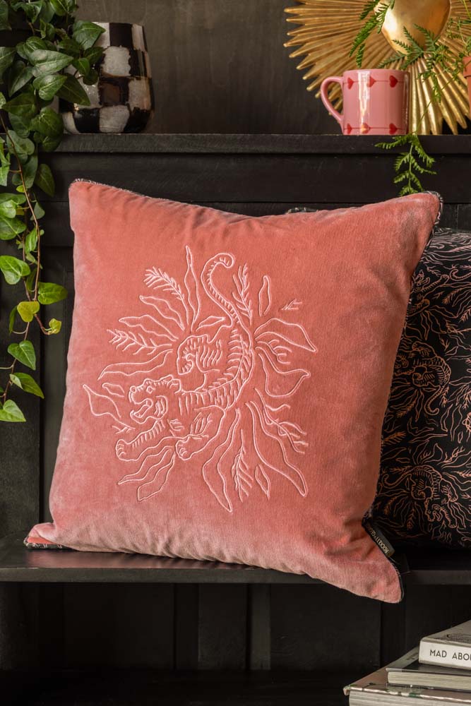 Pink Velvet Embroidered Tiger Cushion