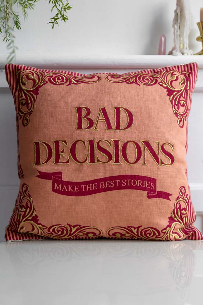 Pink & Gold Embroidered Bad Decisions Cushion