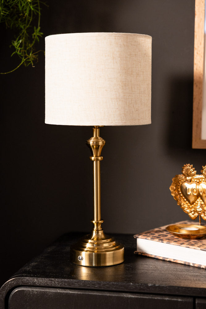 Rechargeable Antique Bronze Table Lamp with Neutral Shade
