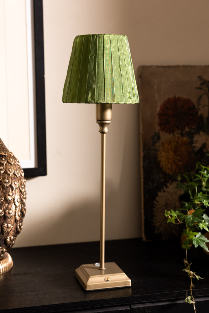 Rechargeable Antique Bronze Table Lamp with Pleated Green Shade