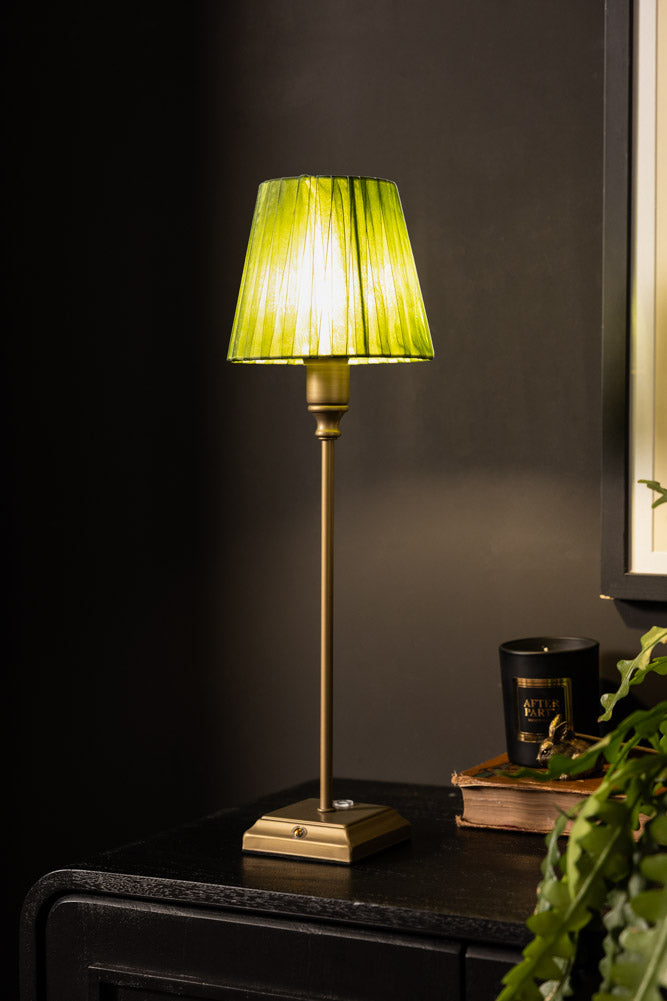 Rechargeable Antique Bronze Table Lamp with Pleated Green Shade