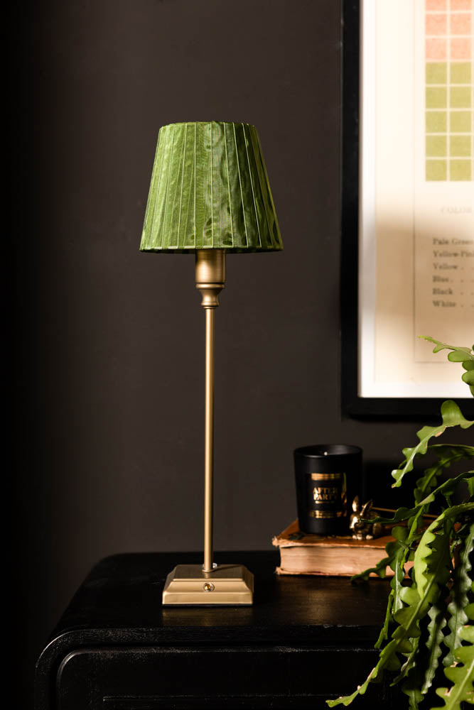 Rechargeable Antique Bronze Table Lamp with Pleated Green Shade