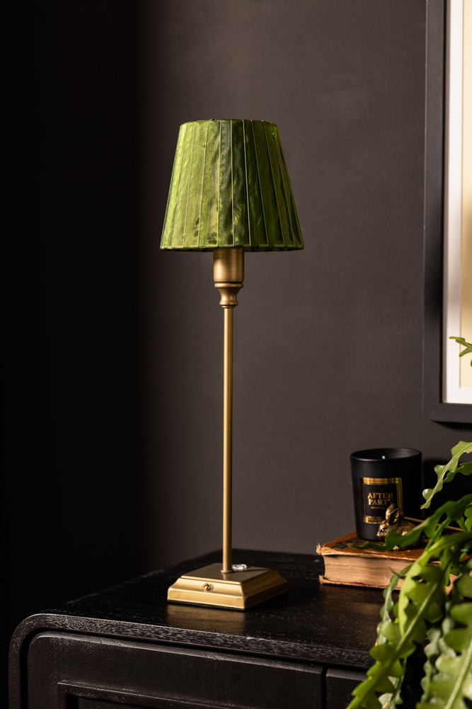 Rechargeable Antique Bronze Table Lamp with Pleated Green Shade