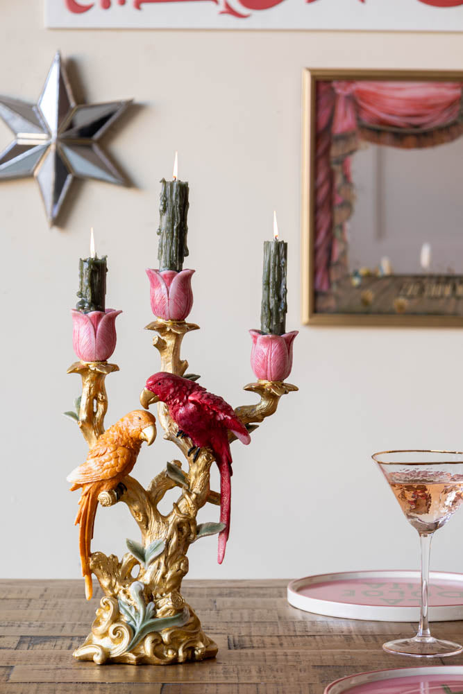 Red Lovebirds & Roses Candlestick Holder