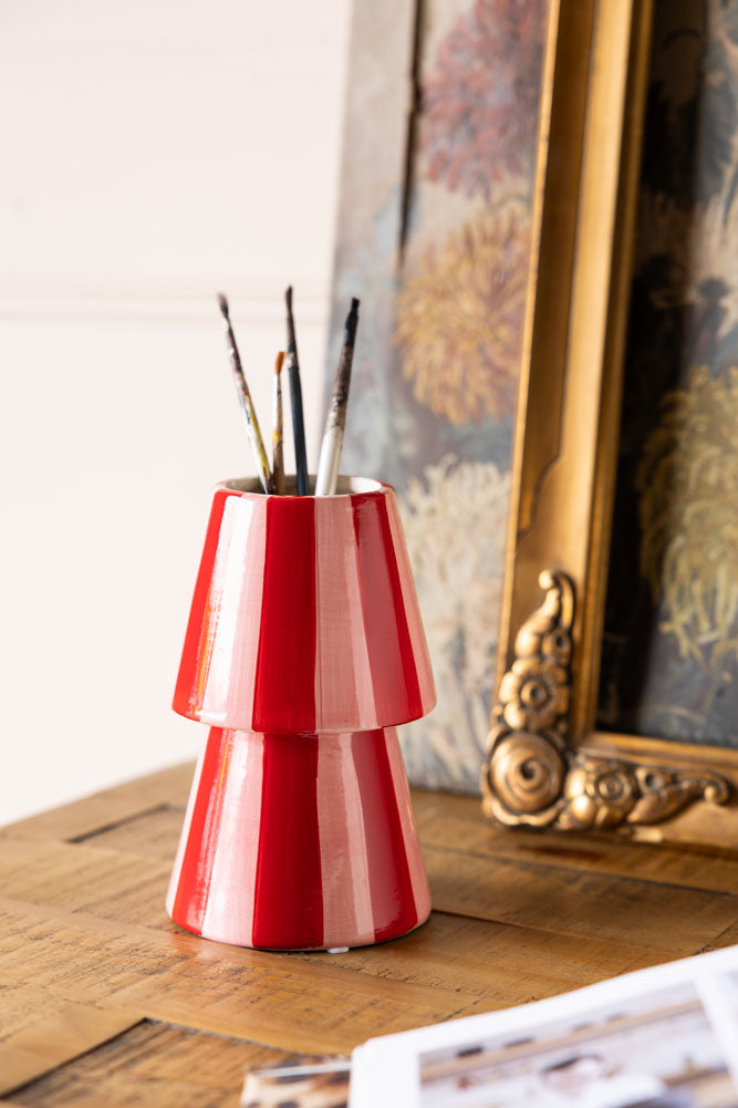 Red & Pink Stripe Flower Vase