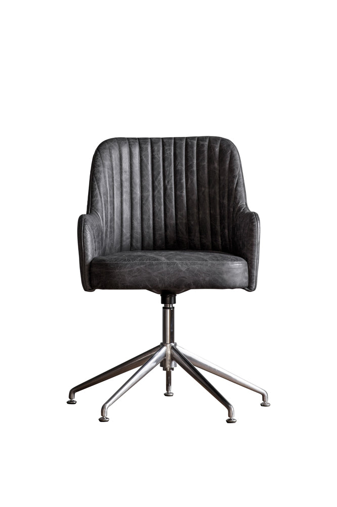 Ribbed Antique-Style Black Leather Swivel Chair