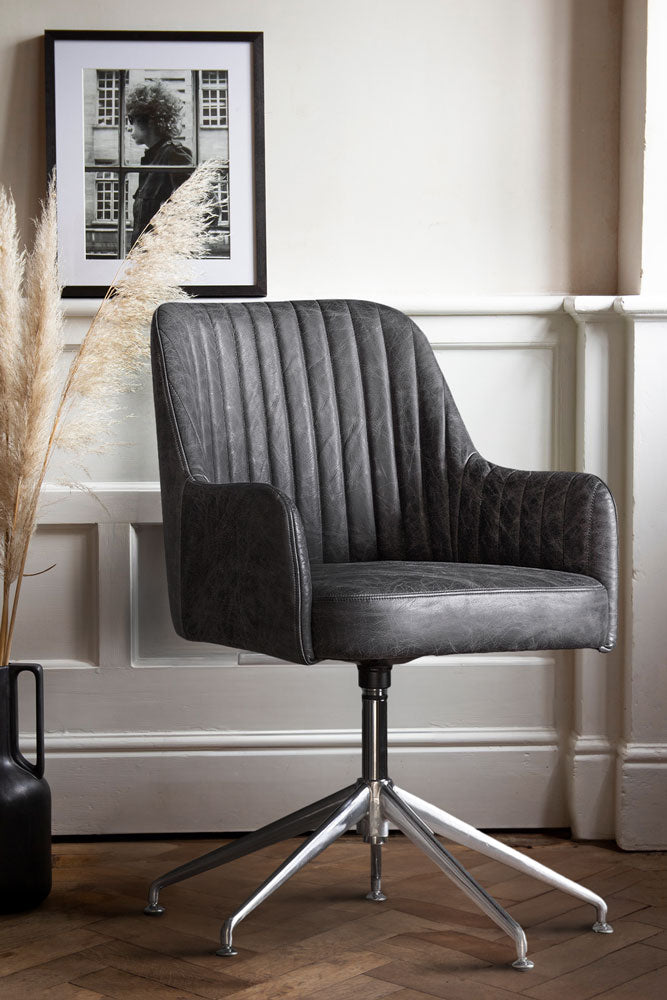 Ribbed Antique-Style Black Leather Swivel Chair