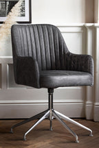 Ribbed Antique-Style Black Leather Swivel Chair