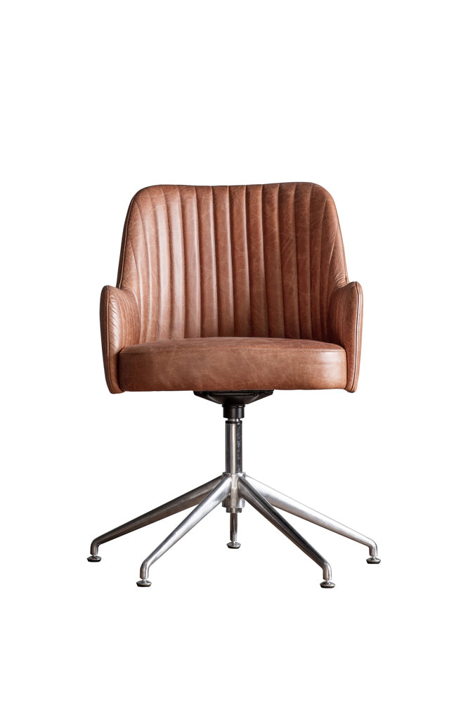Ribbed Antique-Style Brown Leather Swivel Chair