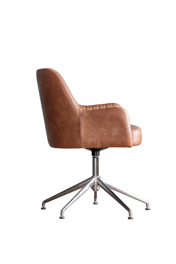 Ribbed Antique-Style Brown Leather Swivel Chair