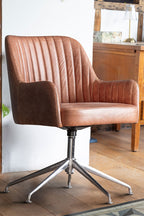 Ribbed Antique-Style Brown Leather Swivel Chair
