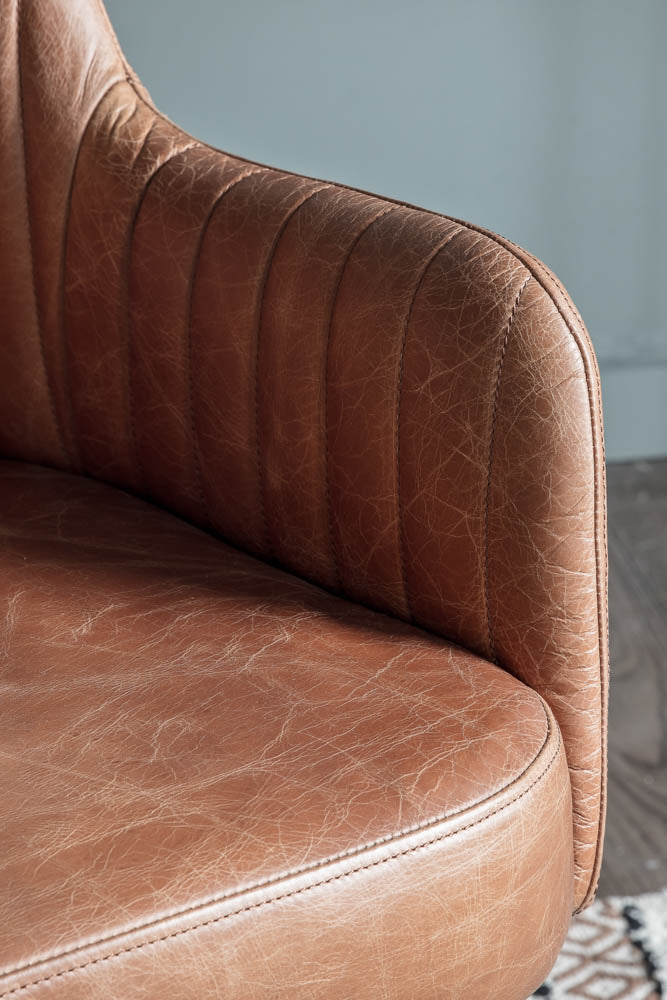 Ribbed Antique-Style Brown Leather Swivel Chair