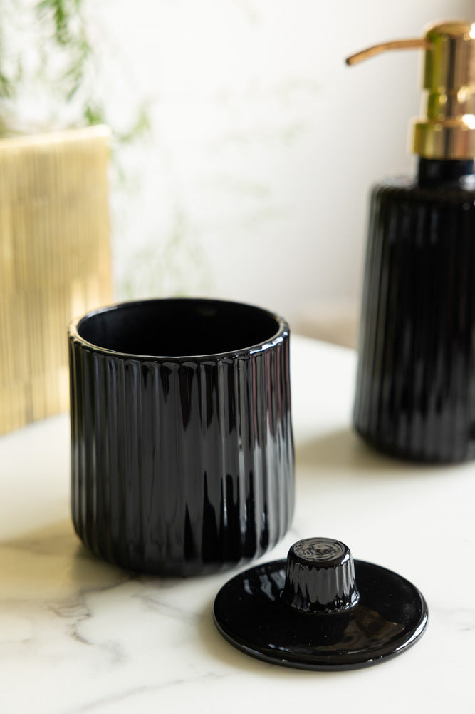 Ribbed Black Glass Storage Canister