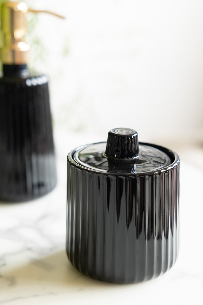 Ribbed Black Glass Storage Canister