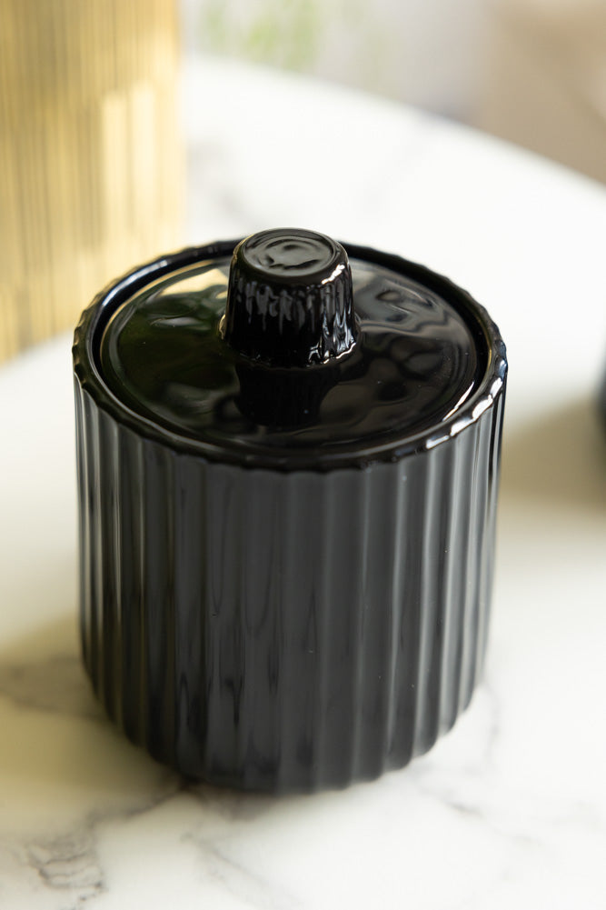 Ribbed Black Glass Storage Canister