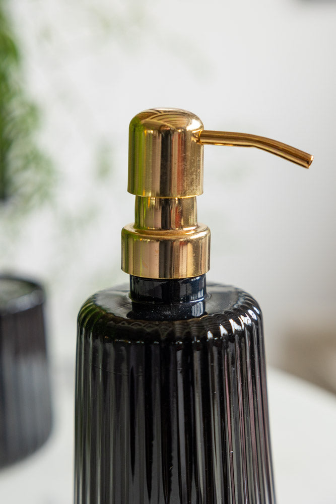 Ribbed Black Glass & Gold Effect Soap Dispenser - 350ml