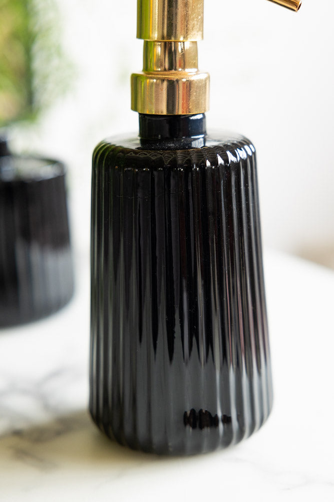 Ribbed Black Glass & Gold Effect Soap Dispenser - 350ml