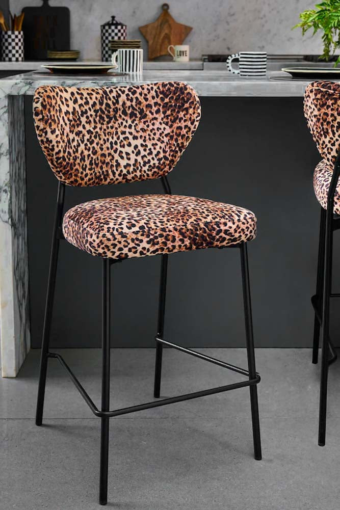 Set Of 2 Bar Stools in Leopard Print Velvet