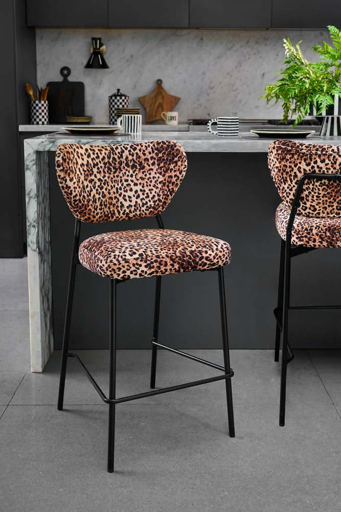 Set Of 2 Bar Stools in Leopard Print Velvet