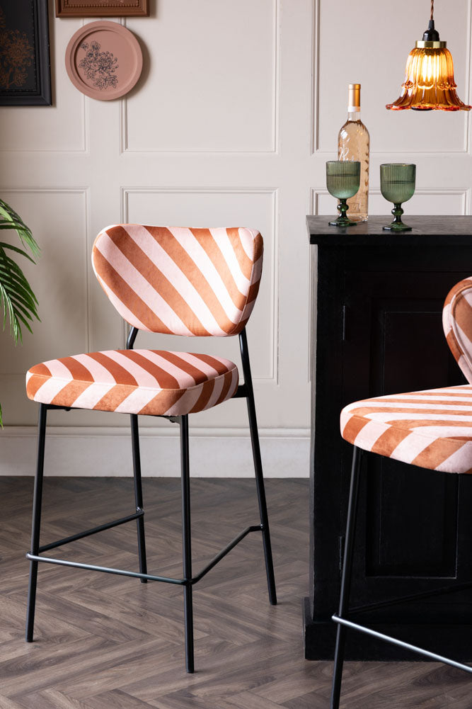 Set Of 2 Bar Stools in Pink & Amber Stripe Velvet
