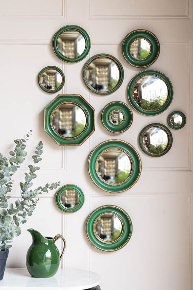 Set of 12 Antique Green & Gold Convex Framed Mirrors
