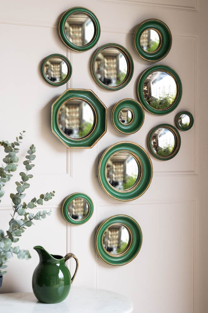 Set of 12 Antique Green & Gold Convex Framed Mirrors