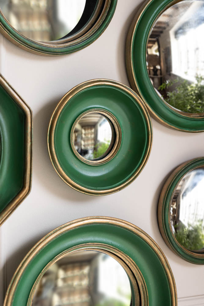 Set of 12 Antique Green & Gold Convex Framed Mirrors