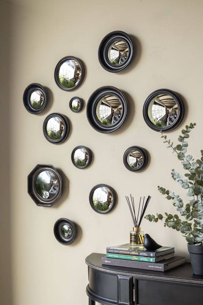 Set of 12 Black Convex Framed Mirrors