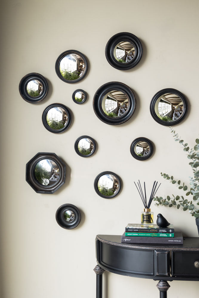 Set of 12 Black Convex Framed Mirrors