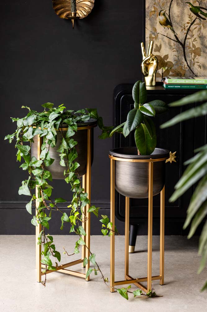 Set of 2 Black Planters With Gold Stand