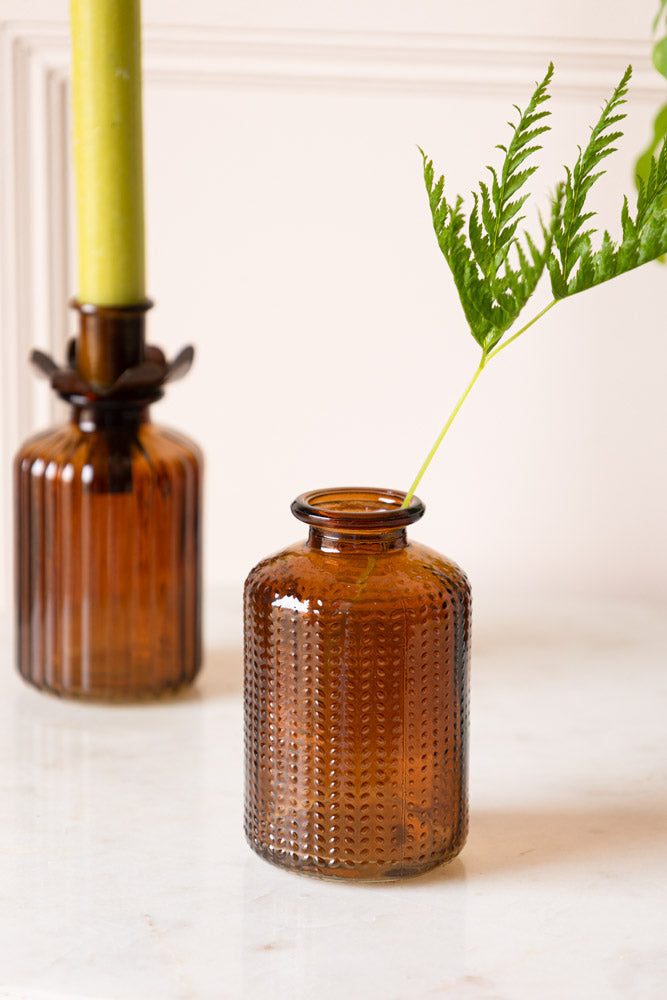 Set of 2 Embossed Glass Bottles in Amber