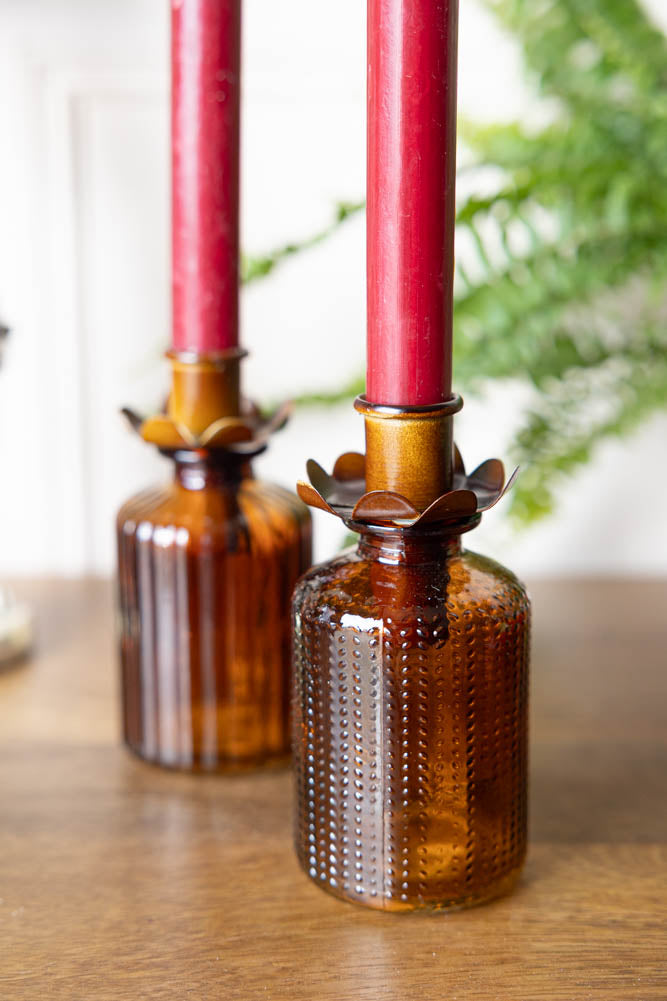 Set of 2 Embossed Glass Bottles in Amber