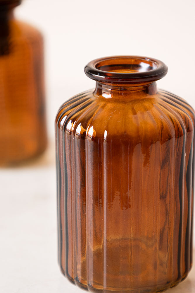Set of 2 Embossed Glass Bottles in Amber