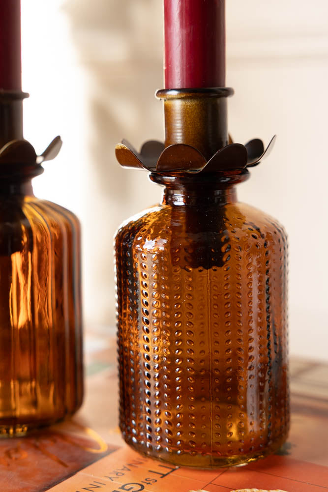 Set of 2 Embossed Glass Bottles in Amber