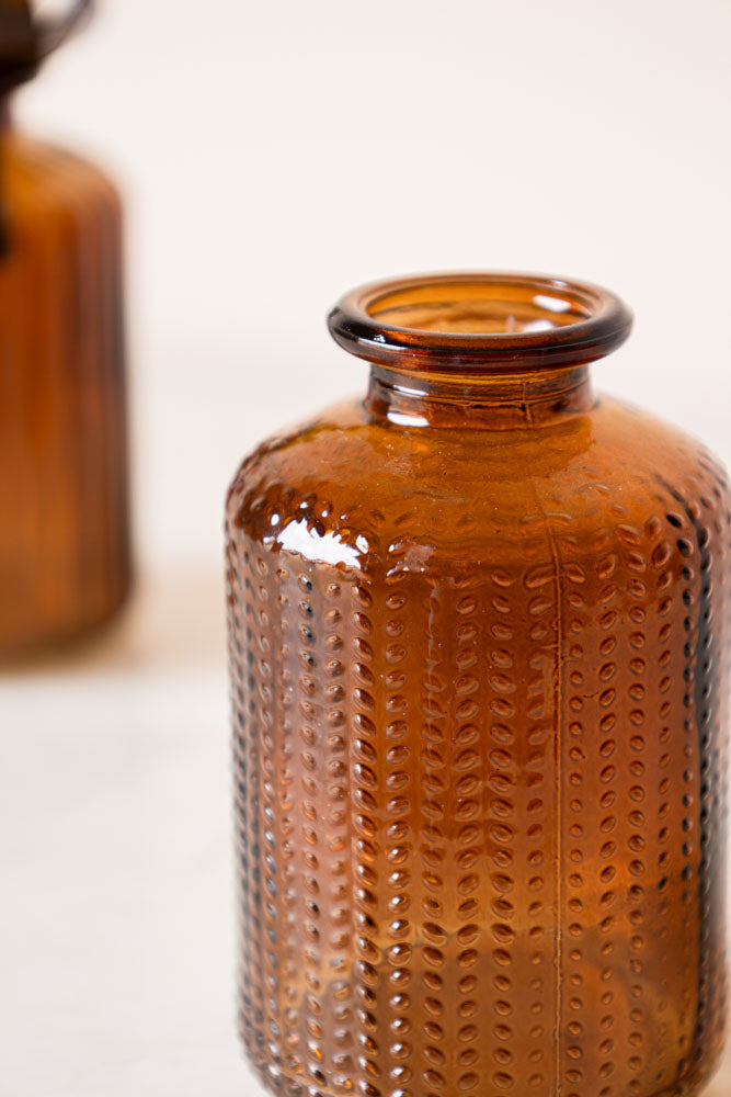 Set of 2 Embossed Glass Bottles in Amber