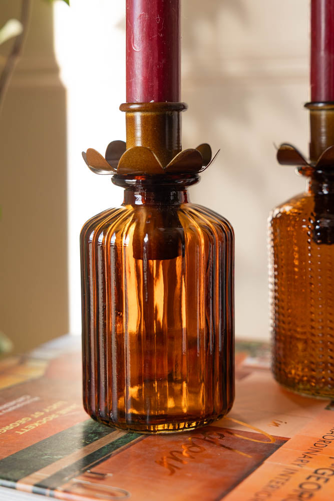 Set of 2 Embossed Glass Bottles in Amber