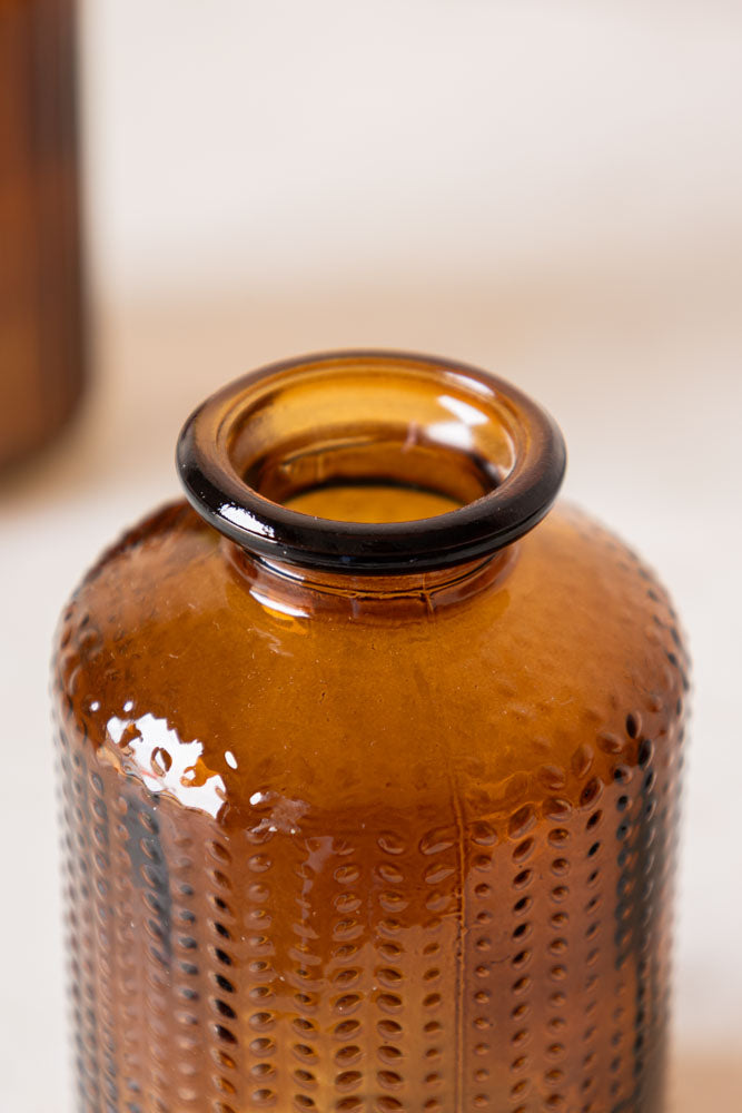 Set of 2 Embossed Glass Bottles in Amber