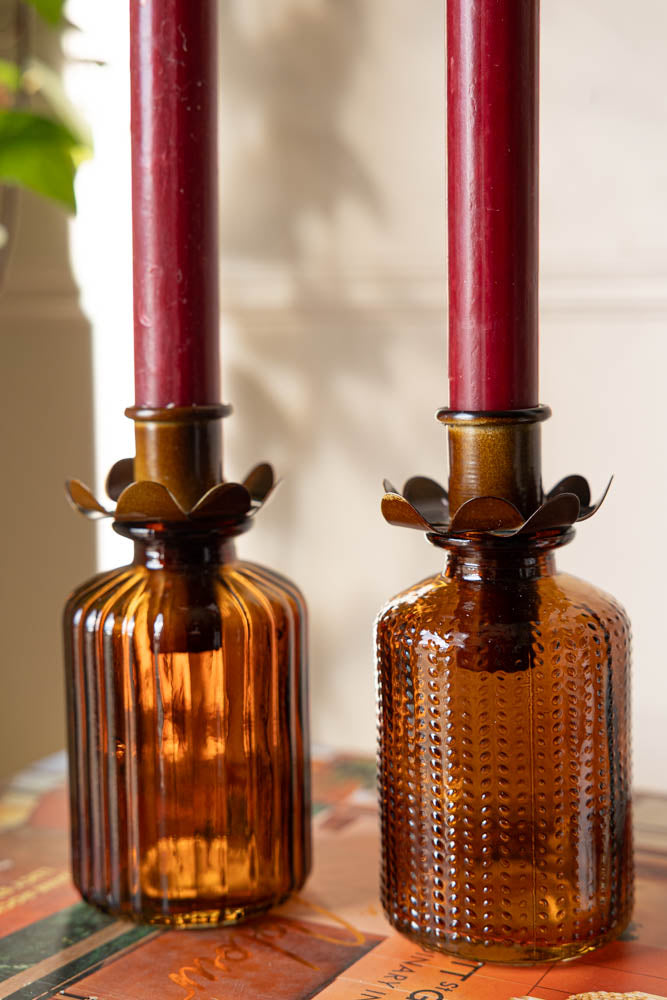 Set of 2 Embossed Glass Bottles in Amber