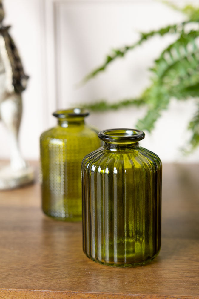 Set of 2 Embossed Glass Bottles in Green