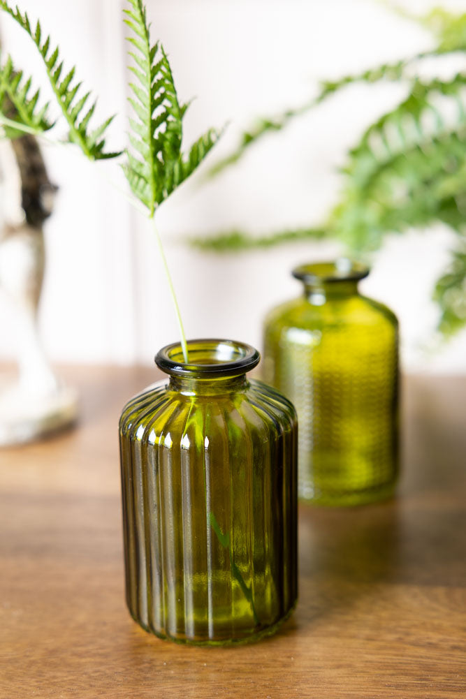 Set of 2 Embossed Glass Bottles in Green