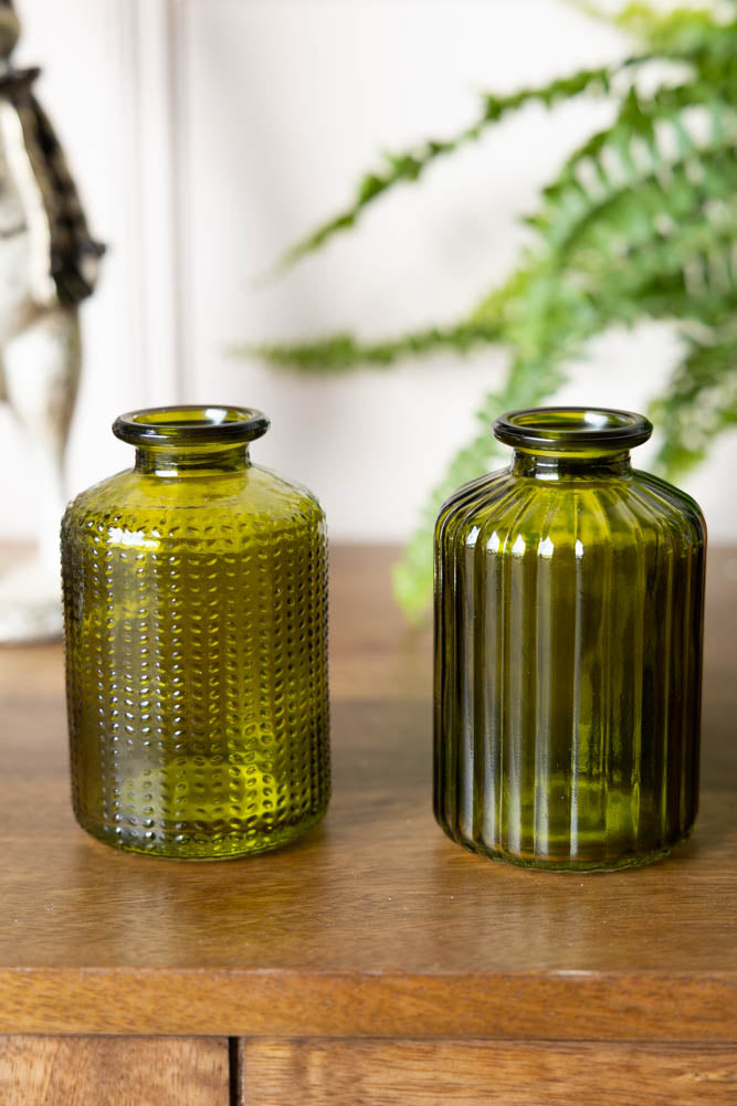 Set of 2 Embossed Glass Bottles in Green