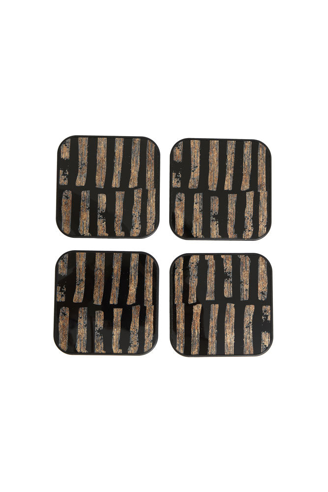 Set of 4 Black & Gold Brushstroke Coasters With Holder