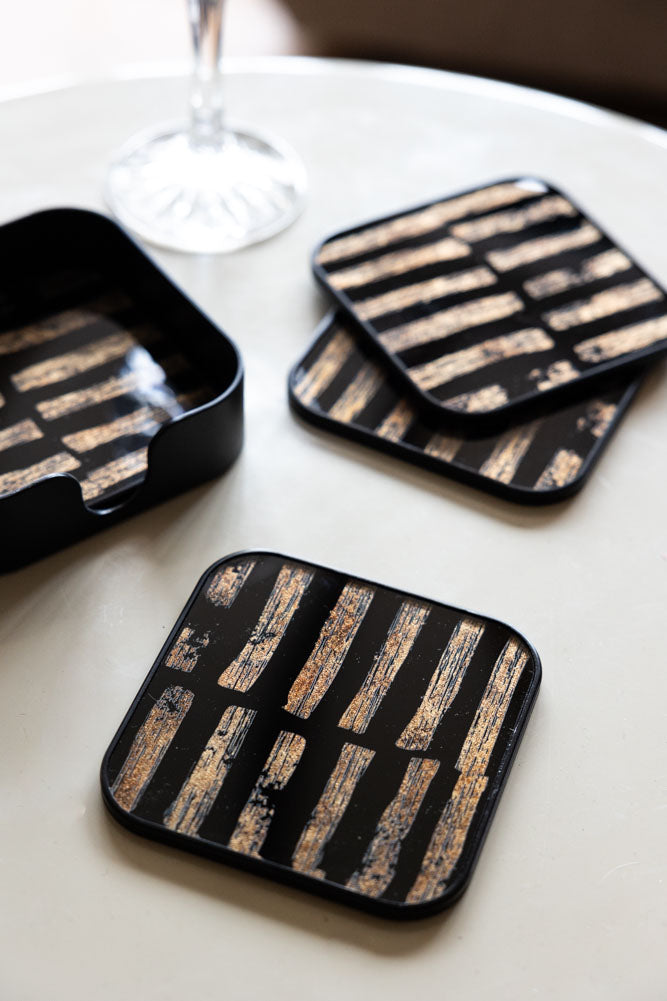 Set of 4 Black & Gold Brushstroke Coasters With Holder